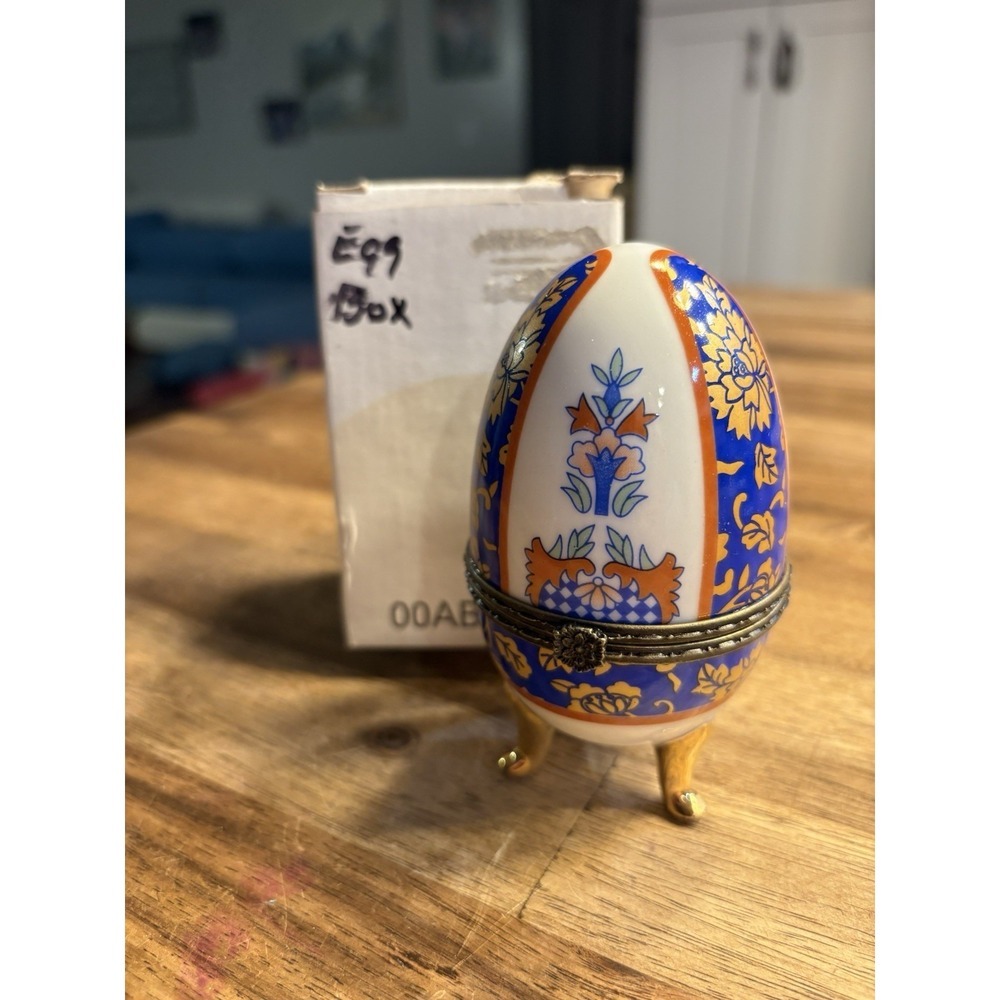 Vintage Porcelain Egg Shaped Hinged Trinket Box Multi Color Floral Gold Footed
